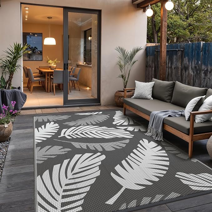 GENIMO Waterproof Outdoor Rug 6' x 9' for Patio Decor, Reversible Plastic Straw Area Rugs for Camping Clearance, RV Mat, Large Outside Carpet for Porch, Deck, Picni, Balcony, Garden, LightGrey & White