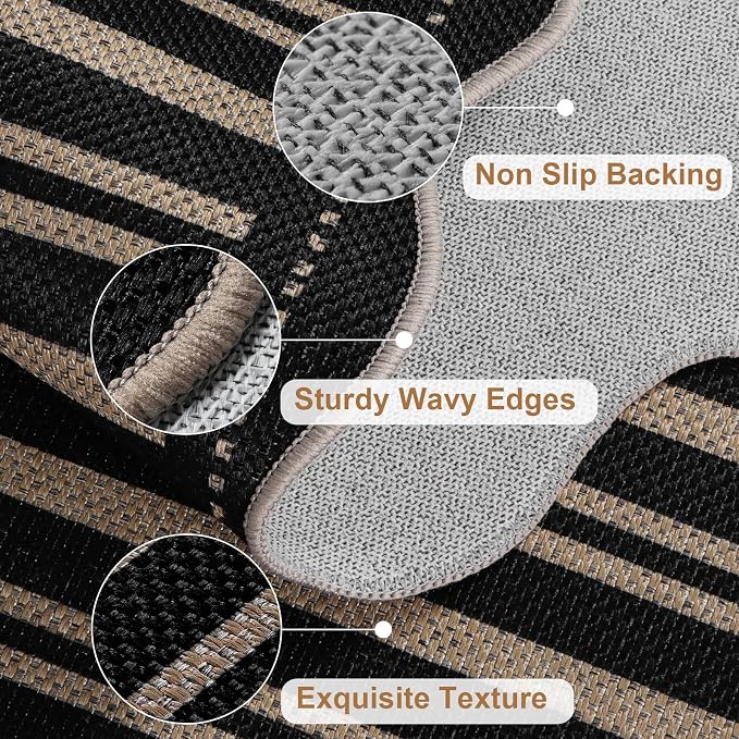 Striped Easy Jute Front Door Mat, 2.6x4 Washable Entryway Rug Non Slip Small Kitchen Rug, Farmhouse Low Pile Floor Scalloped Rugs for Bathroom Porch Doorway