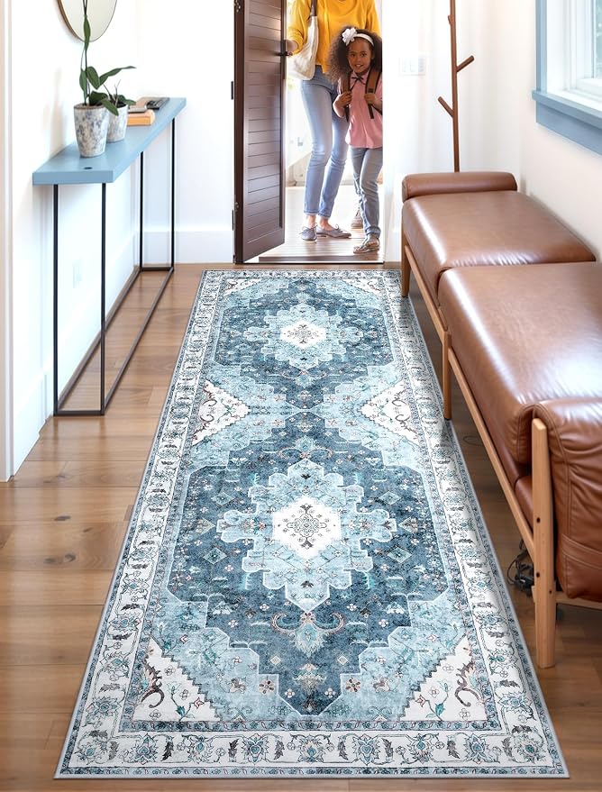 SERISSA 2x6 Washable Non Slip Boho Runner Rug for Hallway | Ultra Soft Vintage Oriental Carpet Low-Pile Distressed Blue Floor Carpet for Kitchen Bedroom Bathroom Laundry Living Room
