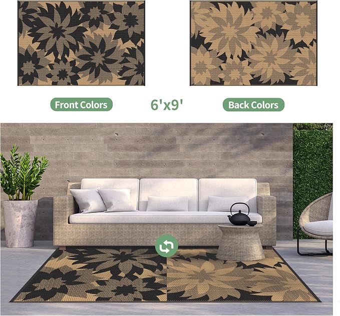 GENIMO Outdoor Rug 6' x 9' Waterproof for Patio Clearance, Reversible Plastic Straw Camping Mat, Light Weight Carpet for Rv, Camper, Deck, Porch, Picnic, Balcony, Beach,Charcoal Black & Brown