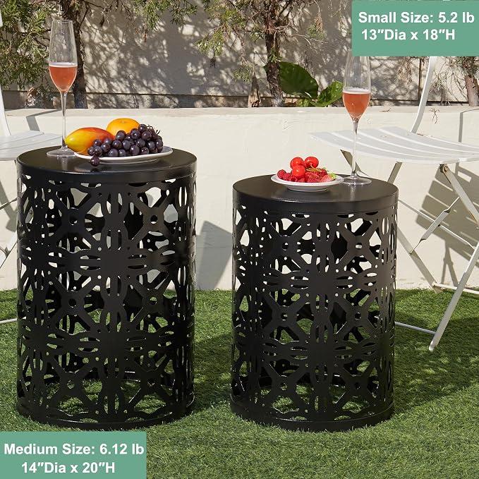 Y&M Outdoor Side Tables Set of 3, Round Metal Stacking Patio Side Tables, Indoor & Outdoor End Tables, Decorative Garden Stool Plant Stand for Patio, Garden, Balcony, Porch, Black