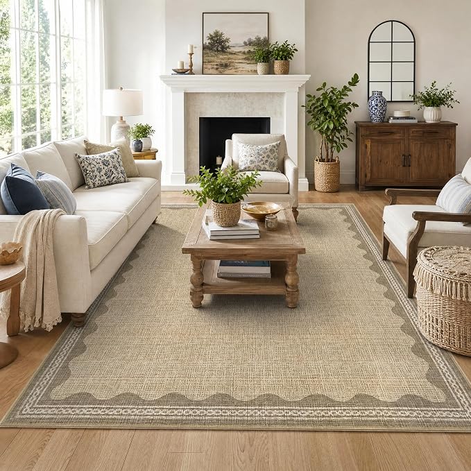 GarveeHome Scalloped Washable Area Rug 6x9 Rugs for Living Room Soft Low-Pile Solid Tan Jute Digital Printing Thin Carpet for Bedroom Dining Nursery Non Slip Mat with Rubber