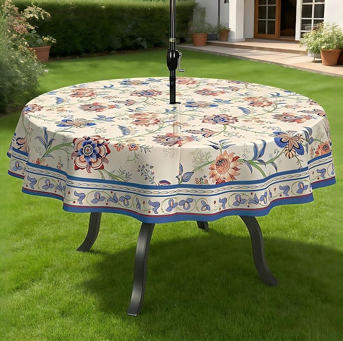 Vintage Flowers Outdoor Tablecloth with Umbrella Hole 60" x 60" Waterproof Zipper Table Cloth for Garden - Ideal Patio Table Cover for Picnics, Camping, and Yard Use