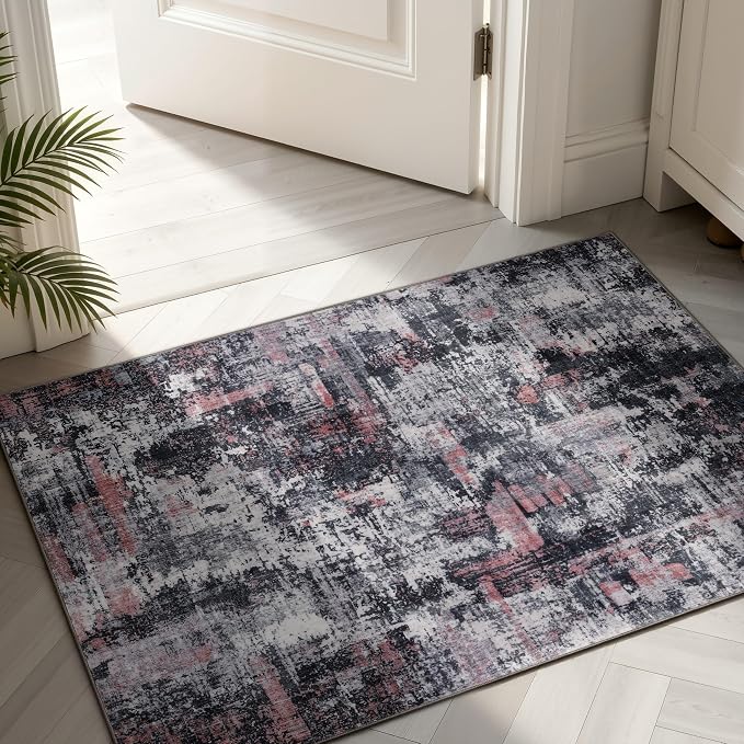 Sasttie 2x3 Entryway Area Rug, Modern Abstract Small Carpet, Black & Pink | Machine Washable, Ultra-Soft Faux Wool, Non-Slip, Low Pile, Thin, for Entrance, Door-Mat, High-Traffic Areas