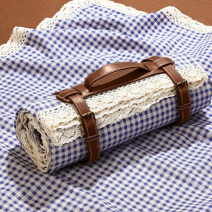 VitalCozy Waterproof Picnic Blankets 59 x 78in Outdoor Blanket Foldable 2 in 1 Double Layer Sandproof Beach Mat with Carry Strap for Camping Lawn Park Beach Grass(Blue White)