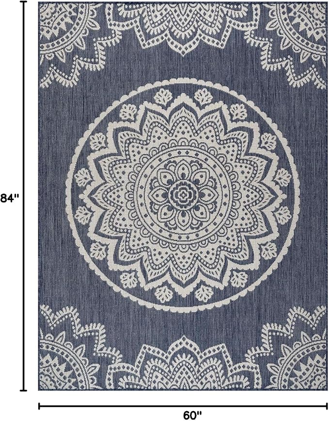 CAMILSON Outdoor Rug 5x7 Modern Area Rugs for Indoor and Outdoor Patios and Porches - Waterproof, Washable, Non-Shedding, Easy-to-Clean Outside Carpet (5 x 7, Medallion - Blue/White)