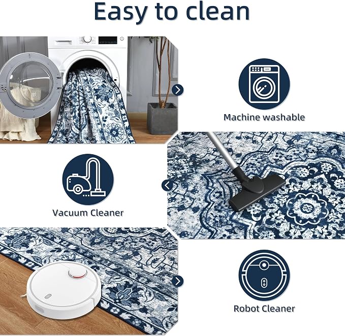 YJ.GWL Area Rugs for Living Room 5x7 Machine Washable Rugs, Non Slip Floral Vintage Rug Indoor Carpet, Stain Resistant Large Rug for Bedroom Dining Room, Navy Blue