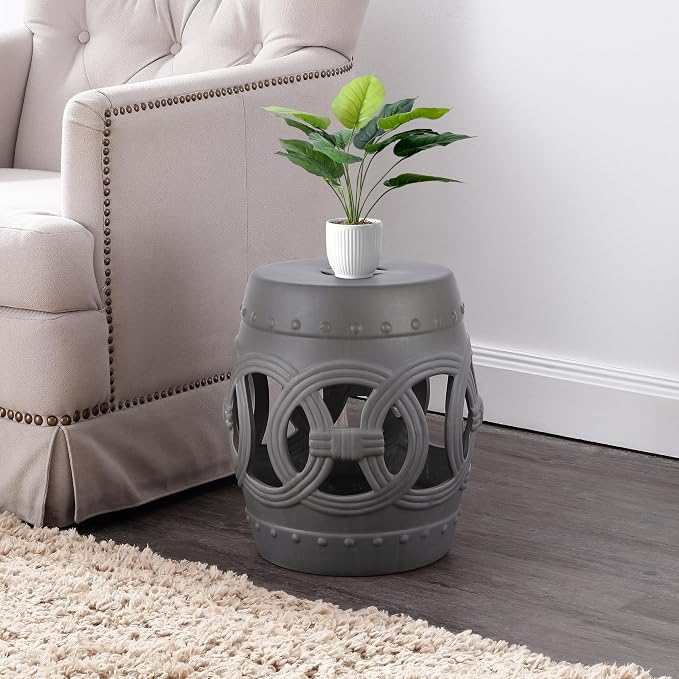 JONATHAN Y Lucky Coins 16" Ceramic Garden Stool, Contemporary Matte Gray Cutout Interlocking Rings Drum Indoor/Outdoor Side Table and Plant Stand for Patio, Garden, Living Room TBL1022F