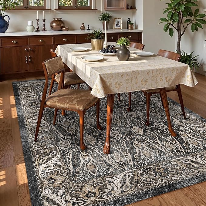 Washable Area Rug 5' x 7' Vintage Traditional Persian Mat - Foldable Distressed Non-Slip Machine Washable Carpet for Living Room Bedroom Kitchen Home Decor - Ebony and Taupe