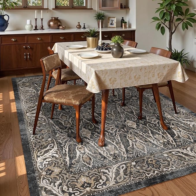 Washable Area Rug 3' x 5 ' Vintage Traditional Persian Mat - Foldable Distressed Non-Slip Machine Washable Carpet for Living Room Bedroom Kitchen Home Decor - Ebony and Taupe