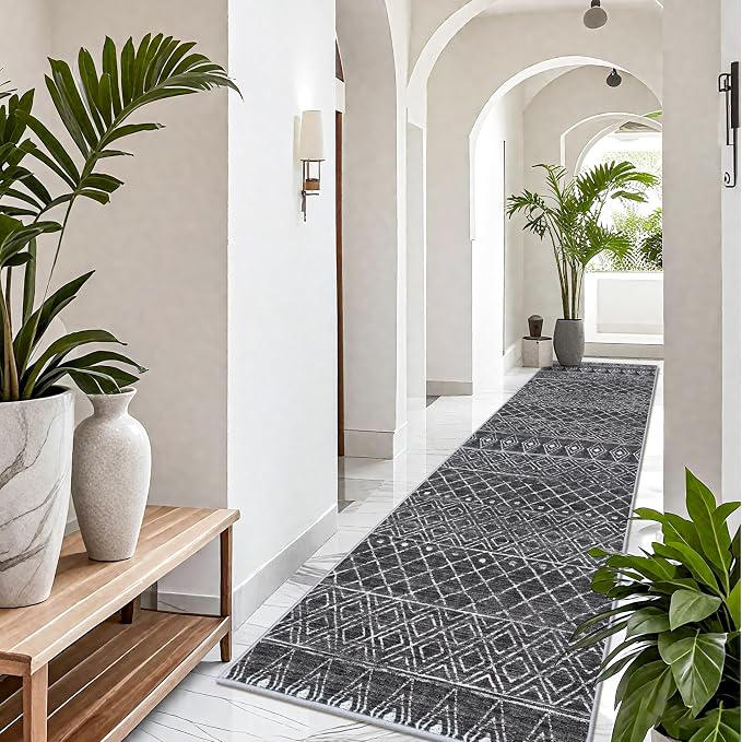 4x12 Extra Long Hallway Rug:Black Moroccan Modern Geometric Runner Rug | Washable Non Slip Low Pile Soft Indoor Mat, Pet Friendly, Suitable for Kitchen, Bedroom, Entryway and Laundry Room