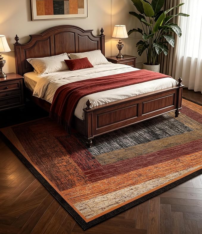 Brown Geometric Woody Area Rug 5x7 for Bedroom,Retro Farmhouse Rugs Washable,Vintage Rug Non Slip, Boho Area Rug for Kitchen,Dining Room,Living Room