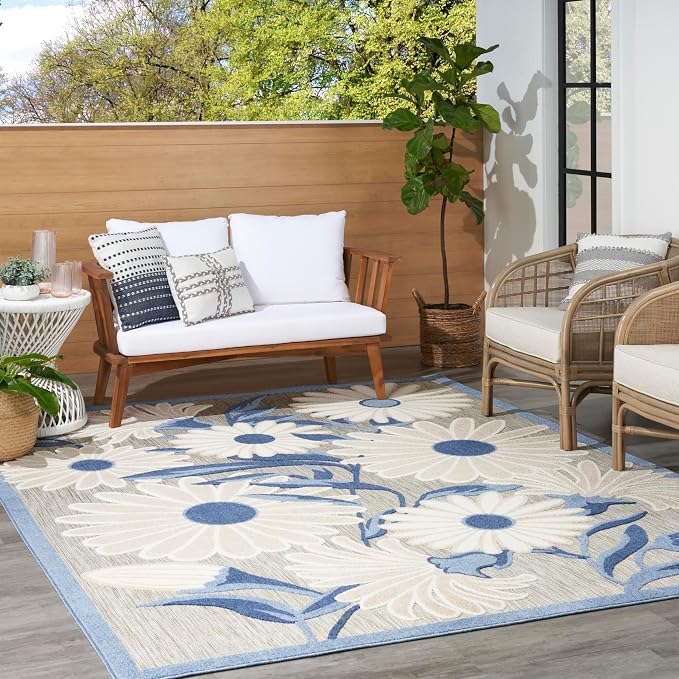 Nourison Home Aloha Blue Grey 6' x 9' Area Rug - Easy Clean, Non Shedding, Bed Room, Living Room, Dining Room, Kitchen (6' x 9')