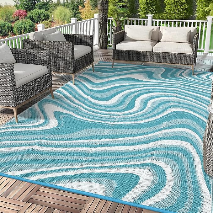 Garvee Large Modern Outdoor Rug 9x18 Patio Rugs Outdoor Waterproof Reversible Plastic Straw Camping Rug, Abstract Outside Rugs for Picnic Backyard Deck Balcony Porch Beach Trailer, Light Blue