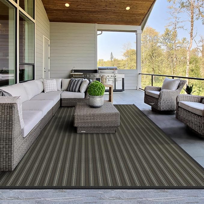 GENIMO Outdoor Rug for Patio Clearance, 6'x9' Reversible Plastic Straw Rugs, Lightweight Waterproof RV Camping Mat for Camper, Balcony, Deck, Backyard, Picnic, Black & Brown
