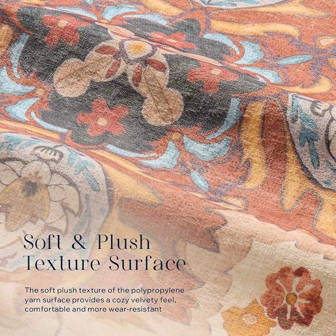 Phantoscope Washable Area Rug 5'x7' Non-Slip, Vintage Boho Rugs for Living Room, Bedroom, Dining Room, Fall Orange Floral Medallion Pattern, Low-Pile Foldable Floor Carpet, Rust/Multi Floral