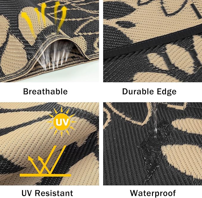 Ileading Waterproof Outdoor Rug 8x10, Reversible Plastic Straw Patio Rug, Portable Indoor Outdoor RV Camping Mat Carpet for Deck, Porch, Balcony, Backyard, Picnic, Floral Black