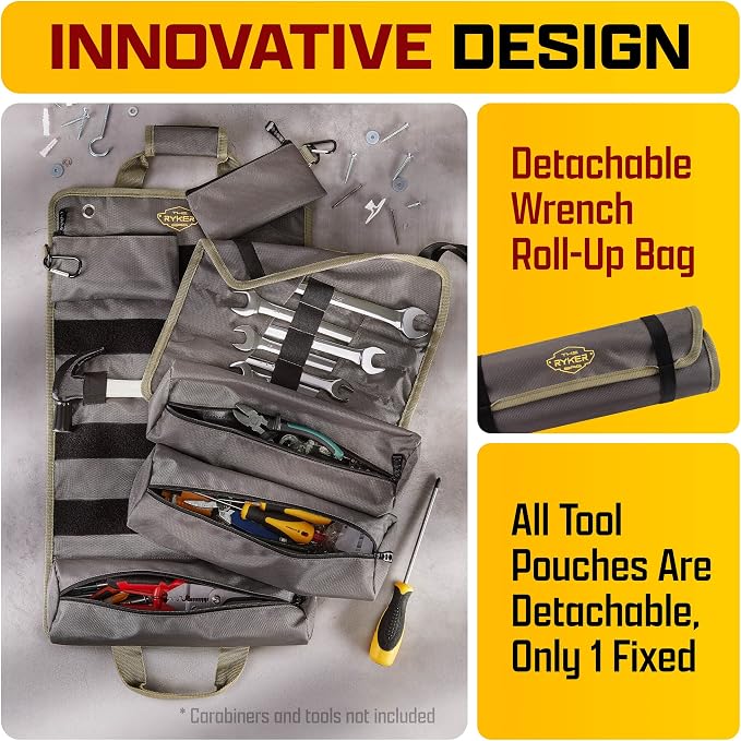 Ryker Personalized Roll Up Tool Bag Organizer Customized Name Gifts for Men | Heavy Duty Fathers day Dad Gifts for him. Small Tool Roll Bag Gifts for Mechanic Electrician Plumber & HVAC Technician Gift