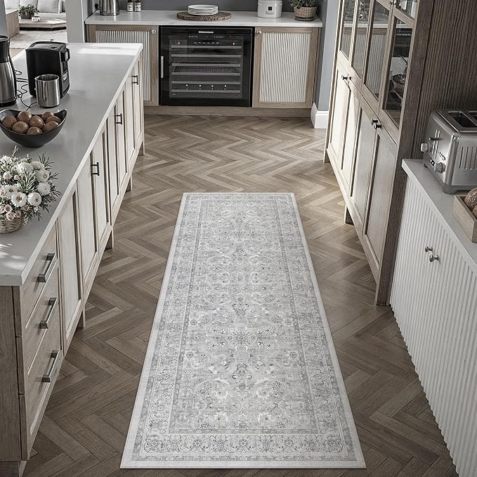 Gray 2x6 Washable Runner Rug Bathroom Vintage Distressed Carpet | Soft Low Pile, Non Slip, Stain Resistant, Long for Kitchen, Hallway, Entryway, Laundry Room, Retro Accent Decor