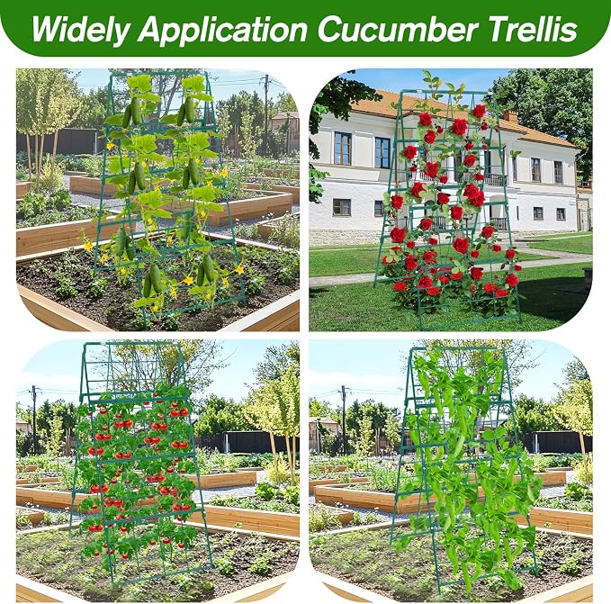 Cucumber Trellis for Raised Bed A Frame Metal Garden Trellis for Climbing Plants Outdoor, 42 x 16IN Foldable Coated Steel Cucumbers Trelli, Easy to Install Cucumber Trellis for Vegetable Fruit
