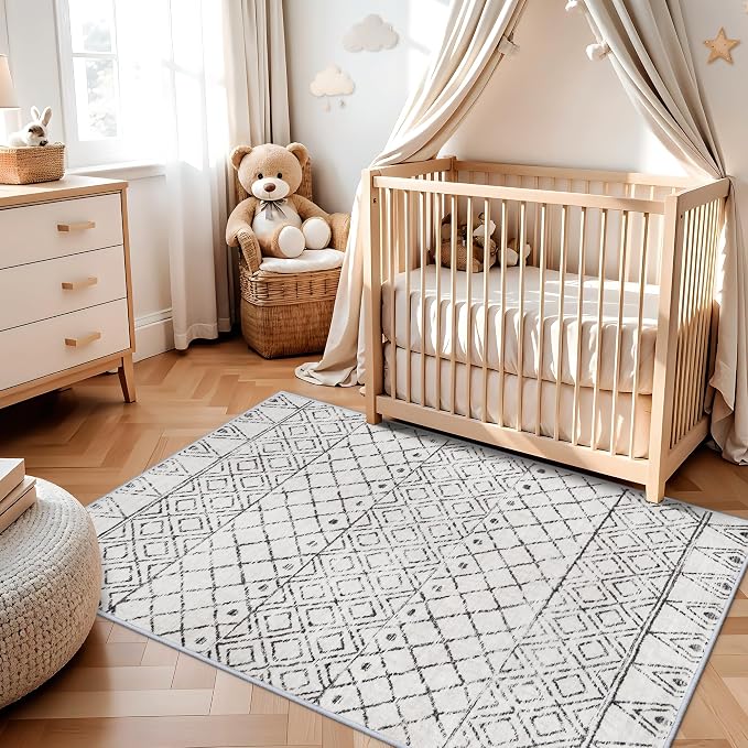 3x5 Washable Moroccan Area Rug: Ultra Soft Low Pile Non Slip Rugs Grey | Modern Geometric Printed Indoor Floor Carpet for Living Room Bedroom Entryway Kitchen Home Decor