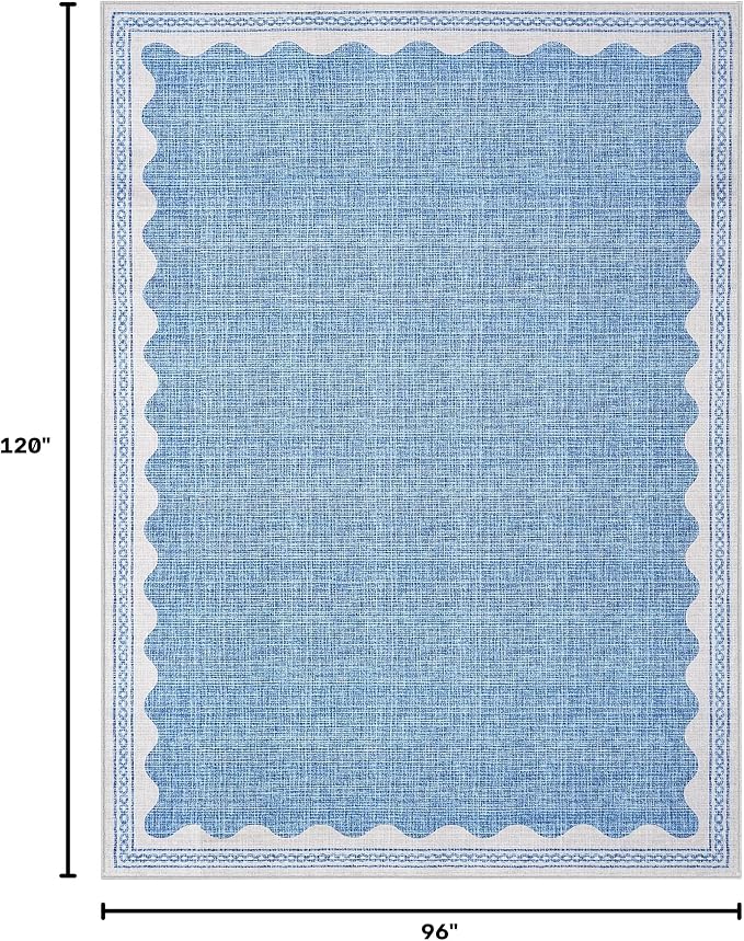 GarveeHome Scalloped 8x10 Rug for Living Room Washable Non-Slip Solid Blue Modern Minimalism Low-Pile Carpet 8 x 10 Rug for Bedroom Dining Nursery Mat with Rubber Back