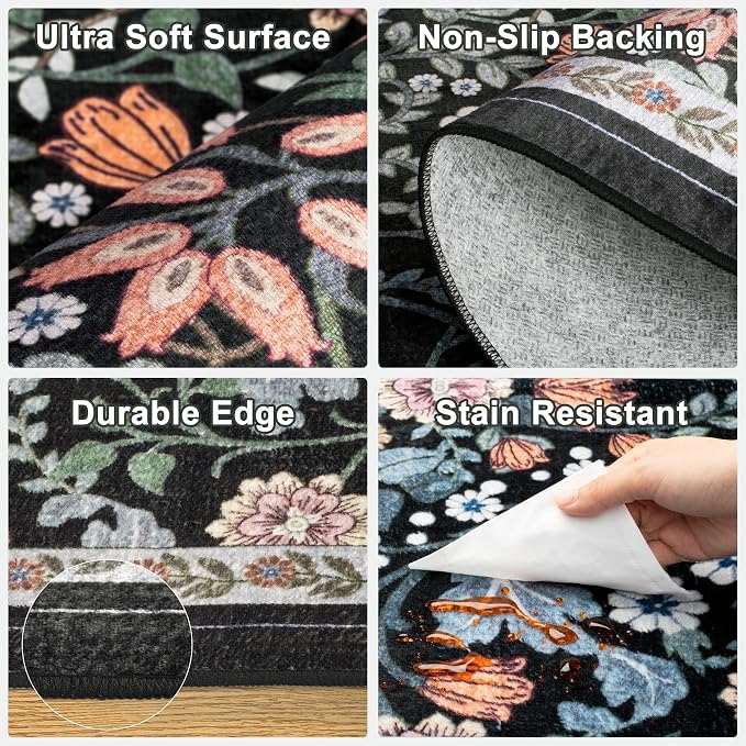 PLHXFR 6x9 Area Rug Living Room: Floral Washable Boho Carpet Dark Black | For Bedroom Dining Room Farmhouse Nursery Hallway,Vintage Floral,Machine washable,Non Slip,Stain Resistant,Large Indoor
