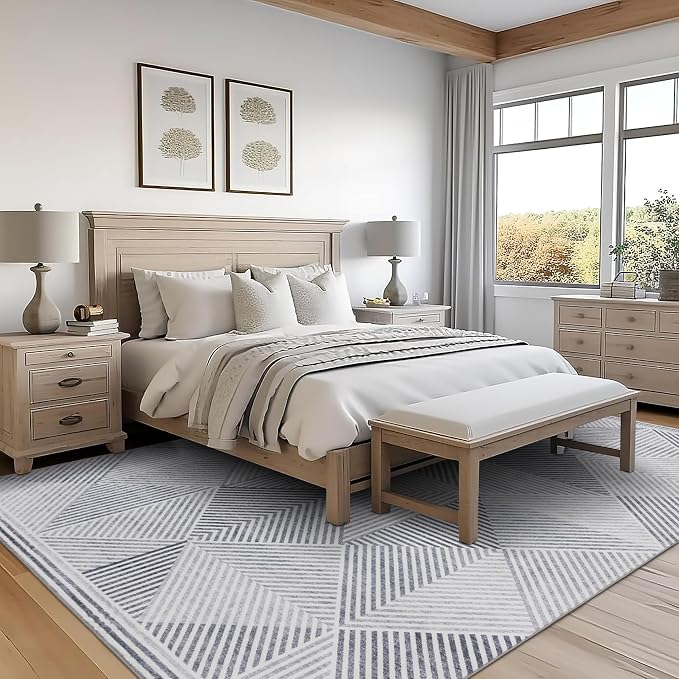Machine Washable Area Rug - Living Room Bedroom Bathroom Kitchen Entryway Office - Padded Crease Free Stain Resistant Premium - Modern Geometric Contemporary - Miles - Gray 7'6" x 9'6"