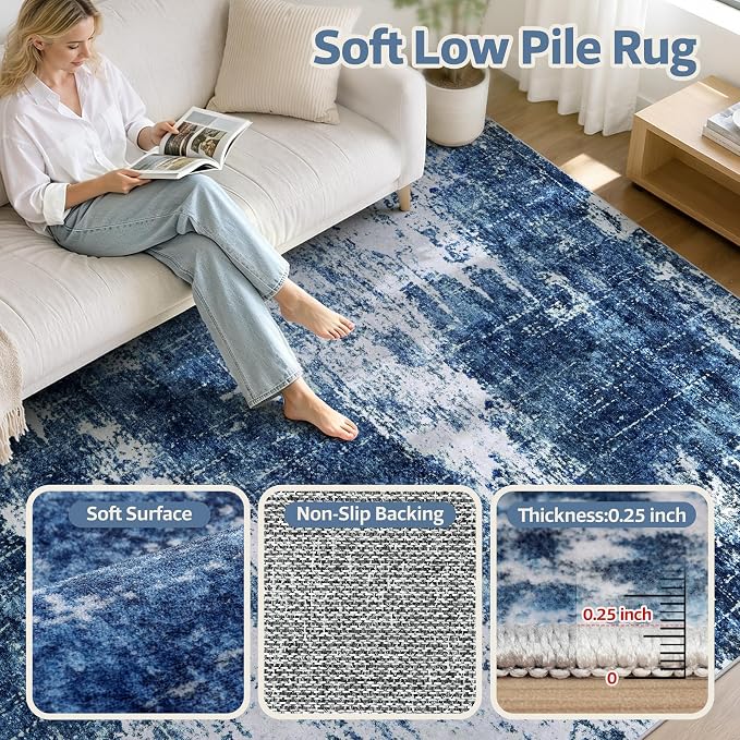 9x12 Washable Area Rug Modern Abstract for Living Room Bedroom Deep Blue | Soft Indoor Carpet,Anti-skid Backing,Water Repellent,Non-shedding, Suitable for bedroom dining farmhouse nursery home office
