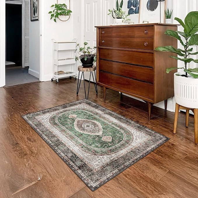 Small Rugs 2x3,Green Rug for Entryway Bathroom Entrance Doormat | Boho Vintage Bohemian Distressed Washable Oriental Accent Floor Throw Carpet Non Slip