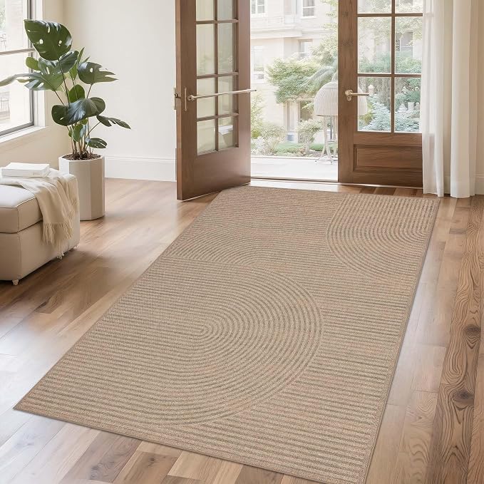 Easy Jute Rug 4x6 Outdoor: Natural Modern Area Rugs for Patio Porch Deck Linen-Look Fabric Durable - Neutral Washable Carpet for Entryway Living Room Bedroom Indoor Non Slip - Swirl Curved Pattern