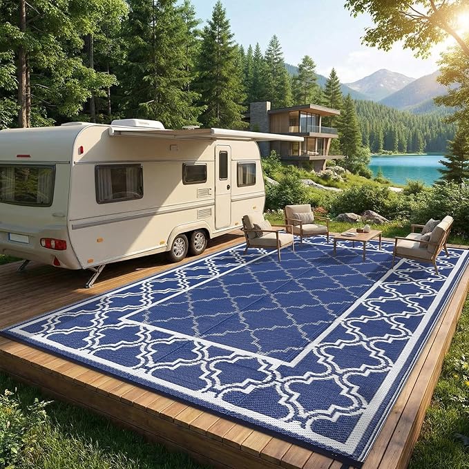 Garvee Reversible Outdoor Rug 10x14, Waterproof Outdoor Plastic Straw Rug with Interlacing Pattern, RV Mat for Picnics, Patio, Camping, Balcony, Deck, Backyard, Porch, Blue
