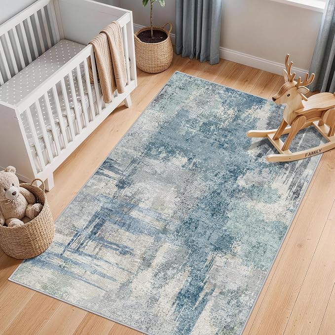 Abstract 3x5 Entryway Area Rugs: Machine Washable Anti-Slip Cozy Rug Blue | Soft Low Pile Small Modern Carpet for Bedroom, Entryway, Kitchen - Indoor Floor Mat Home Decor 3x5 Blue