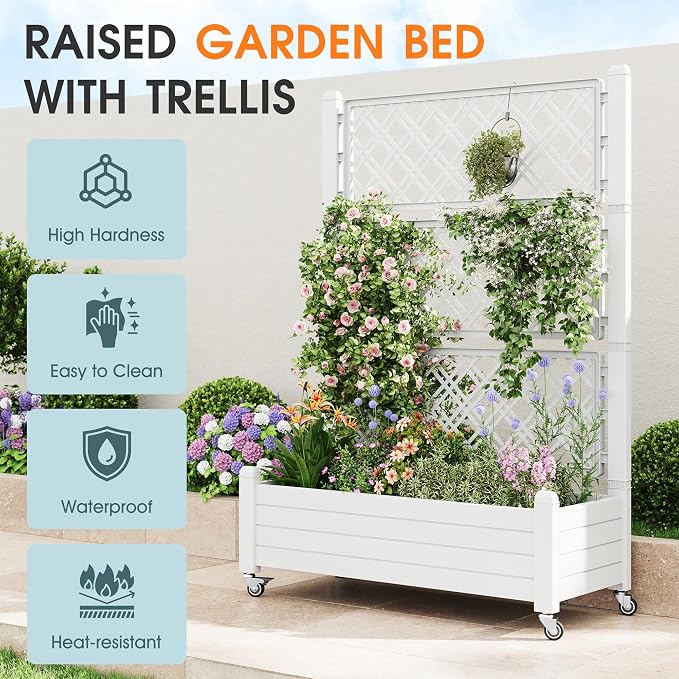 Elevated Raised Garden Bed with Wheels,Ashen-61.2" h | Planter Box with Trellis Outdoor, Raised Planter with Trellis with Drainage Holes & Water Monitor for Climbing Plants