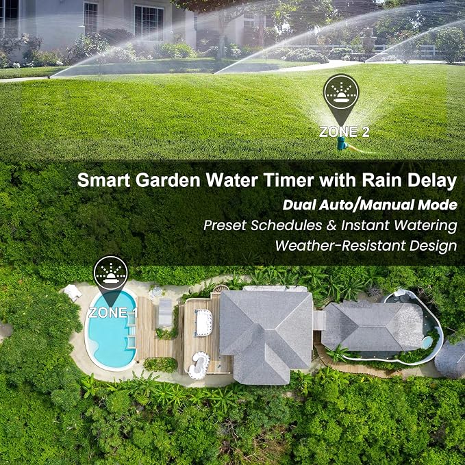 Water Timer for Outdoor Garden Hose, Sprinkler Timer for Garden Faucet with Auto/Manual/Rain Delay Mode, Sprinkler Irrigation Controller for Yard Lawn (1 Zone Brass Inlet & Outlet-2 Pack)