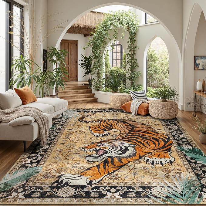 DCX Washable 6x9 Tiger Area Rug, Brown Vintage Animal Rug for Living Room, Soft Low Pile Carpet, Kid & Pet Friendly with Rubber Back Non Slip, Stain Resistant Rug for Bedroom Dining Room Office