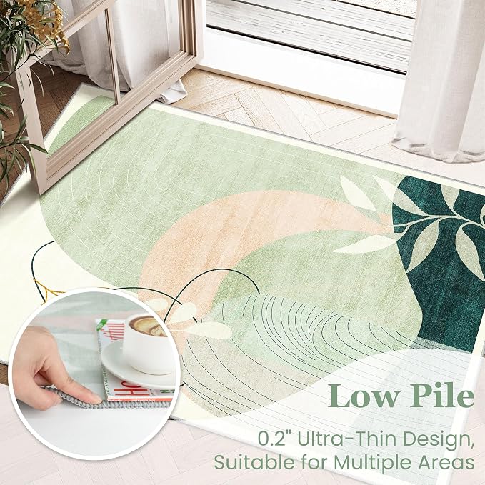 Washable Runner Rug 2x6 Area Rug Non Slip Mid Century Modern | Long Throw Carpet Runner for Hallway Kitchen Bedroom Bedside Laundry Room Floor Boho Abstract Retro Geometric Green
