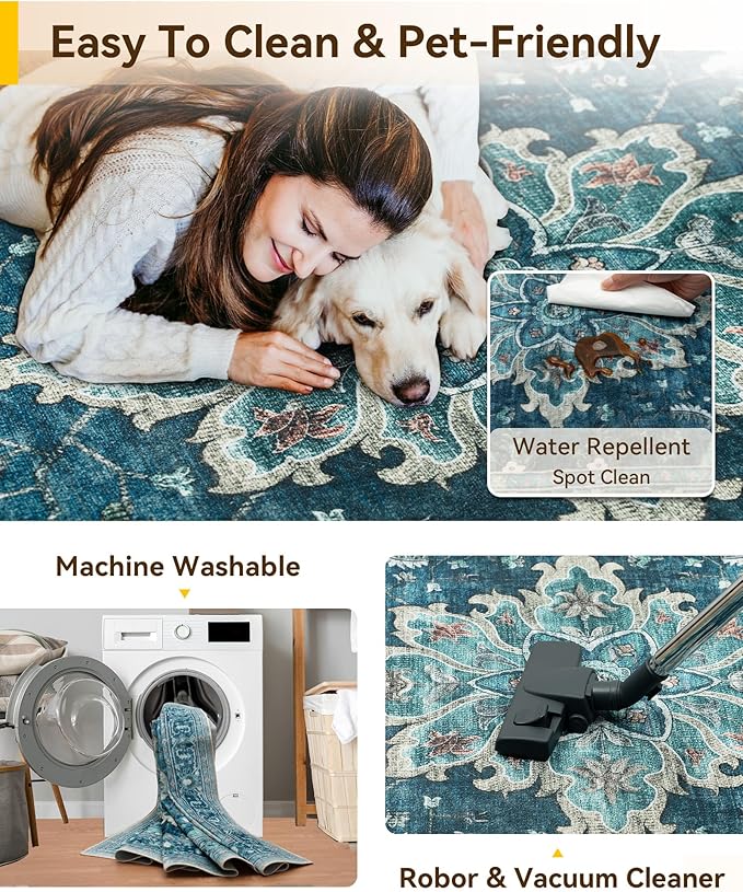 RELEANY Washable Area Rug, 4'x5', Teal | Non-Slip, Water Repellent, Pet Friendly, Easy to Clean, Vintage Floral Boho Decor for Living Room Bedroom Kitchen Office