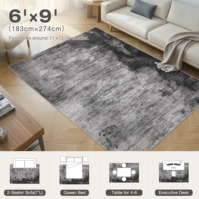DMOYEST 6x9 Area Rug for Living Room Washable Abstract Indoor Carpet | Neutral Modern Low Pile Rugs Kid & Pet Friendly Soft Thin Carpet for Bedroom Dining Room and Office - Dark Grey