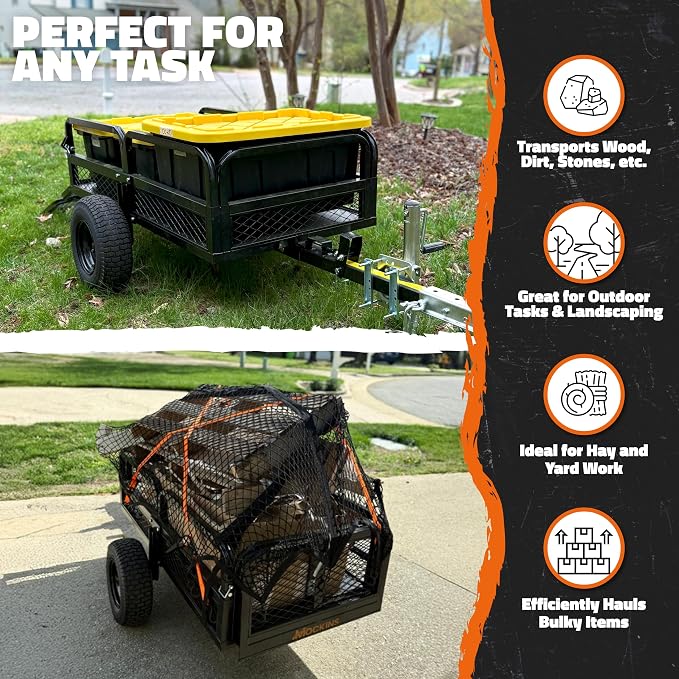 Mockins Heavy Duty 750 Lbs. Capacity UTV ATV Utility Trailer w/Cover & Net | Lawn Mower Trailer w/ Ramp, Jack Stand & 16" Wheels | Off-Road Steel Garden Dump Cart for Lawn Tractor , ATV Cart & More