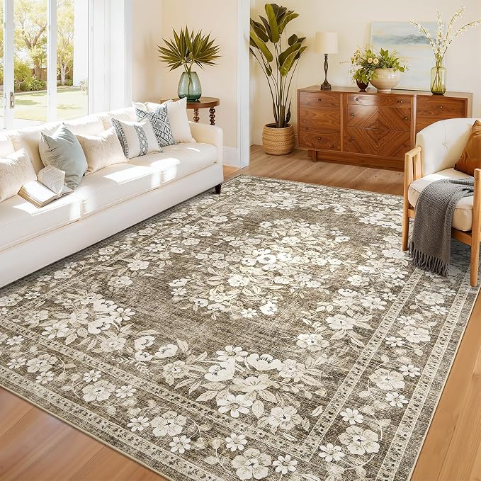 GarveeHome 5x7 Washable Rug for Bedroom Vintage Bordered Carpets | Non-Slip Low Pile Botanical Accent Mats Vintage Flower Throw Floor Cover Floral Rugs for Living Room Dining Room Brown