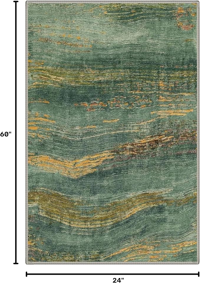 BEIMO 2x5 Non Slip Runner Rugs for Hallway, Wave Abstract Teal Gold | Soft Machine Washable Modern Runners,Streaks Pattern Indoor Marble Carpet for Kitchen Laundry Room Bedroom Bathroom