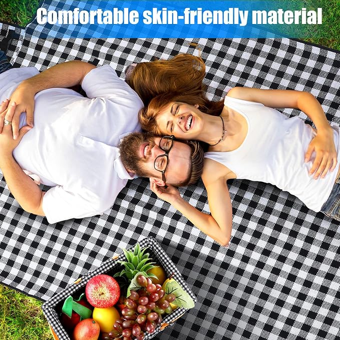 Patelai Wicker Picnic Basket Natural Hand Woven Basket with Double Folding Handles, Willow Hamper Baskets with Blanket for Outdoor Picnic Summer Spring Camp Family(Black and White Grid)