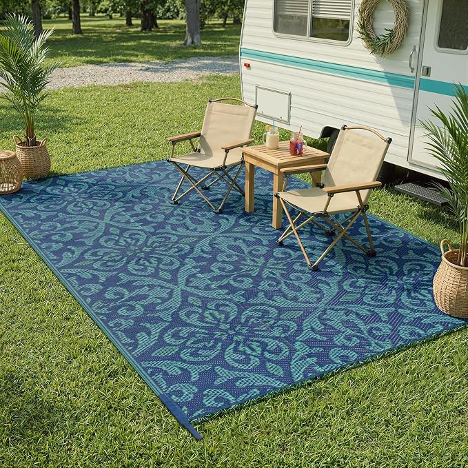 Lahome Navy Blue Outdoor Patio Rug Waterproof 6x9, Plastic Straw Rug Reversible Indoor Outdoor Carpet Floor Decor,Large Portable Outside Camping Mats for Balcony Deck Tent, Deep Blue 6x9