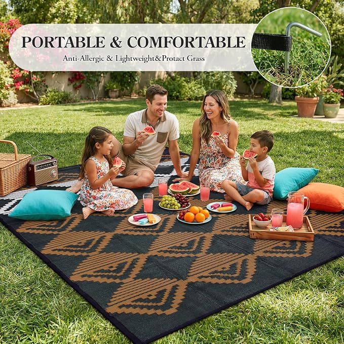 Beeiva Outdoor Rug 8x10 Waterproof for Patio, Reversible Outdoor Patio Rug for Deck, Backyard, RV Camping, Plastic Straw Rug Black Brown