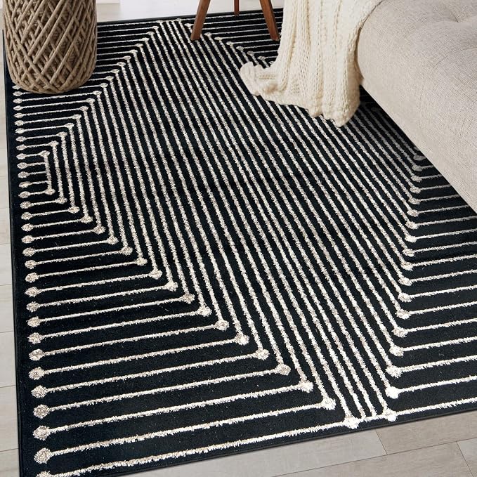 Rugshop Contemporary Bohemian Stripe Area Rug 4' x 6' Black | Jute Backing, Soft Medium Pile, Stain Resistant, No Shedding, Bedroom, Home Office, Dining Nook, Kids Room, Guest Room