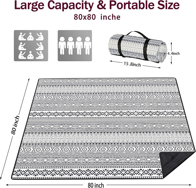 Picnic Blankets Beach Blanket 80" X 80" Extra Large Waterproof Camping Blankets Portable Outdoor Mat 3-Layer Blanket for Beach, Hiking, Park, Music Festival, Grass Lawn,Travel
