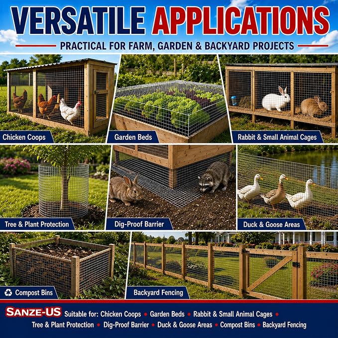 SANZEUS Hardware Cloth, 48in x 100ft 1/2in Mesh, 19GA Chicken Wire Fencing | Hot-dip galvanized after welding, heavy-duty wire mesh, rust resistant, chicken coops, garden beds, rabbit cages, tree guards