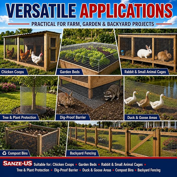 Sanzeus Hardware Cloth, 1/2 Inch 24in x 50ft 19 Gauge, Double-Layer Hot-Dip Galvanizing After Welding, Chicken Wire Fence Wire Mesh Poultry Netting Garden Fence Tree Guard Rolls