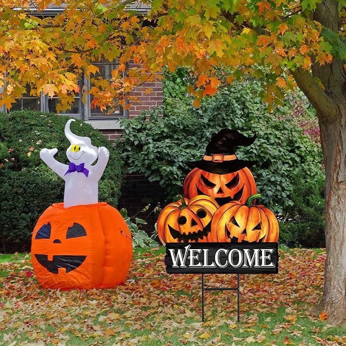 JarThenaAMCS Vintage Halloween Pumpkin Metal Garden Stake Evil Pumpkin Face Decorative Lawn Sign Spooky Welcome Yard Sign for Trick or Treat Home Outside Lawn Porch Decor